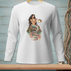 White long-sleeve shirt with a detailed mermaid and pufferfish illustration on the chest.