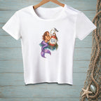 White t-shirt with mermaid, seagull, and buoy graphic that reads "Touch it. Try Me."