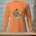 Orange long-sleeve shirt with a mermaid, octopus, and crab graphic.