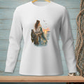 Illustration of a mermaid sitting on a dock at sunset with seagulls overhead.