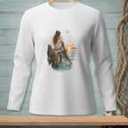 Illustration of a mermaid sitting on a dock at sunset with seagulls overhead.
