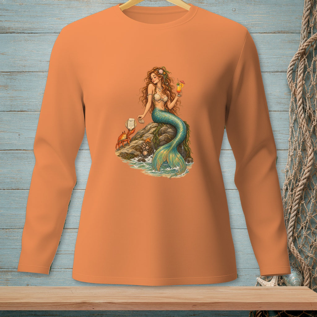 Orange long-sleeve shirt with a mermaid, crab, and cocktail illustration.
