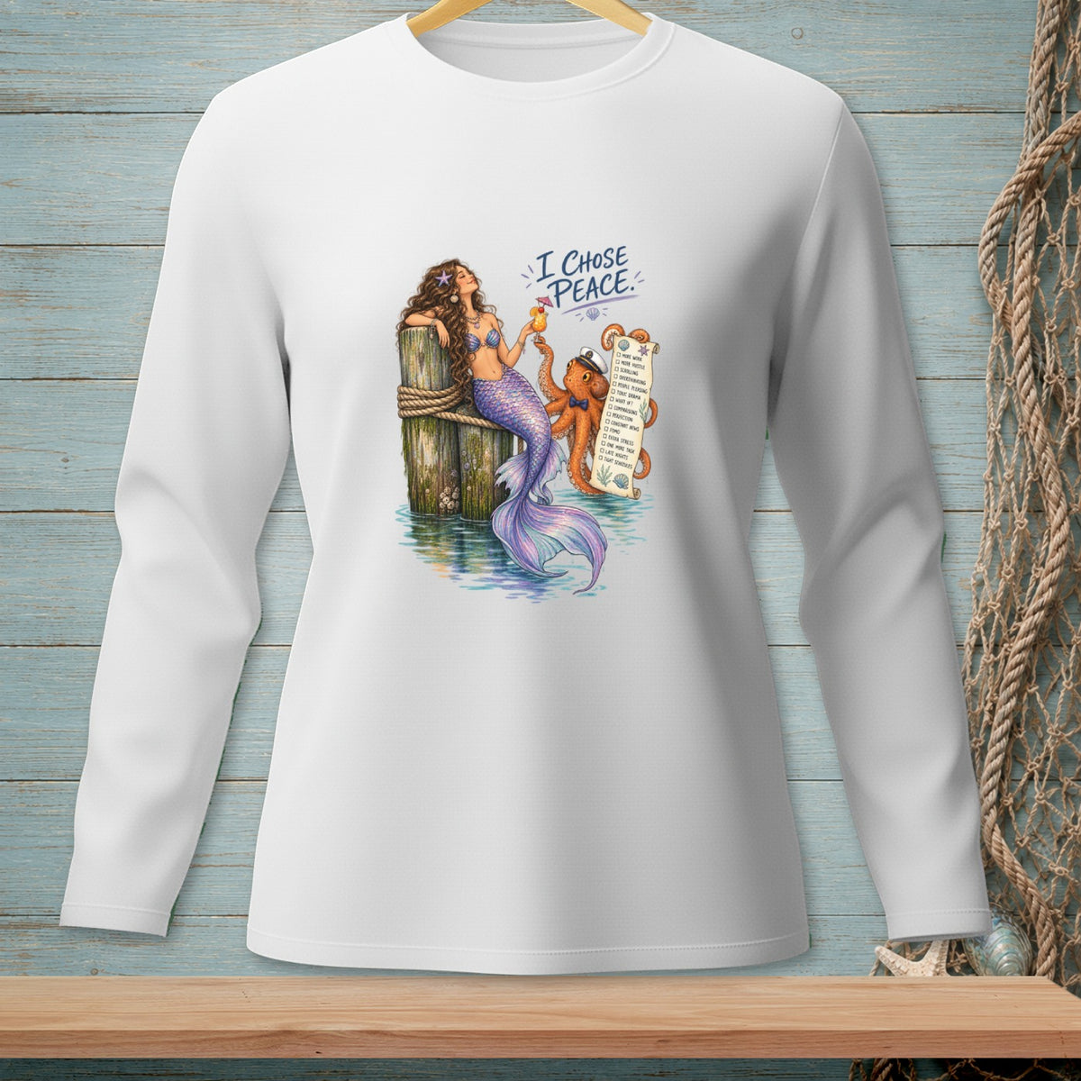 Mermaid and octopus with "I Chose Peace" and a checklist on a white long-sleeve shirt.