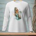 Mermaid on a dock feeding a crab, with a sailboat in the background.