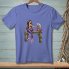 Mermaid sitting on a dock with a crab holding a fan.