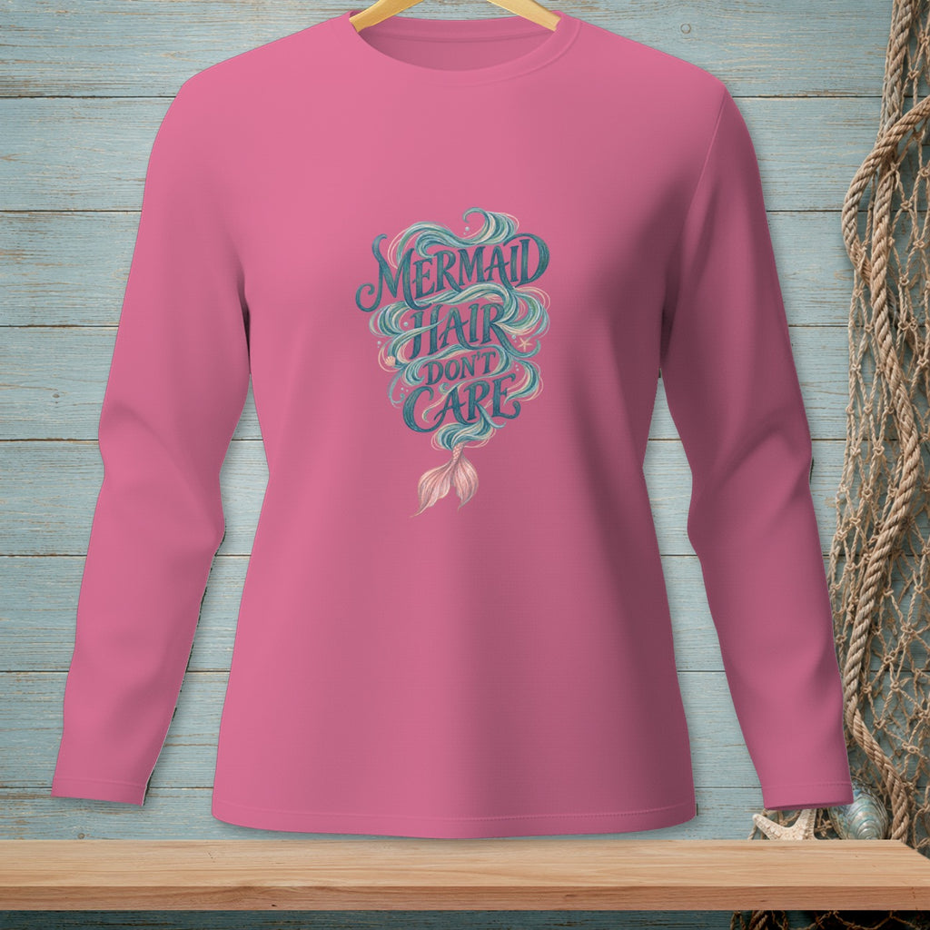 Pink long-sleeved shirt with "Mermaid Hair Don't Care" and mermaid tail graphic.