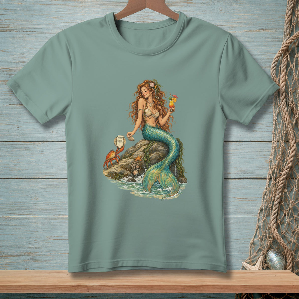 T-shirt with illustration of a mermaid holding a drink and a crab by the sea.