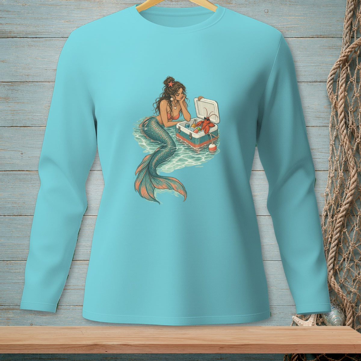 Mermaid with a cooler and lobster in the water.