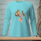 Turquoise long-sleeve shirt with a graphic of a mermaid holding flowers for a lobster.