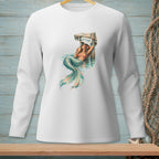 Mermaid with drink lounging by a post with the word ATTITUDE and sunglasses.