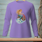 Mermaid on rock with lobster, holding a pearl on a purple long-sleeve shirt.