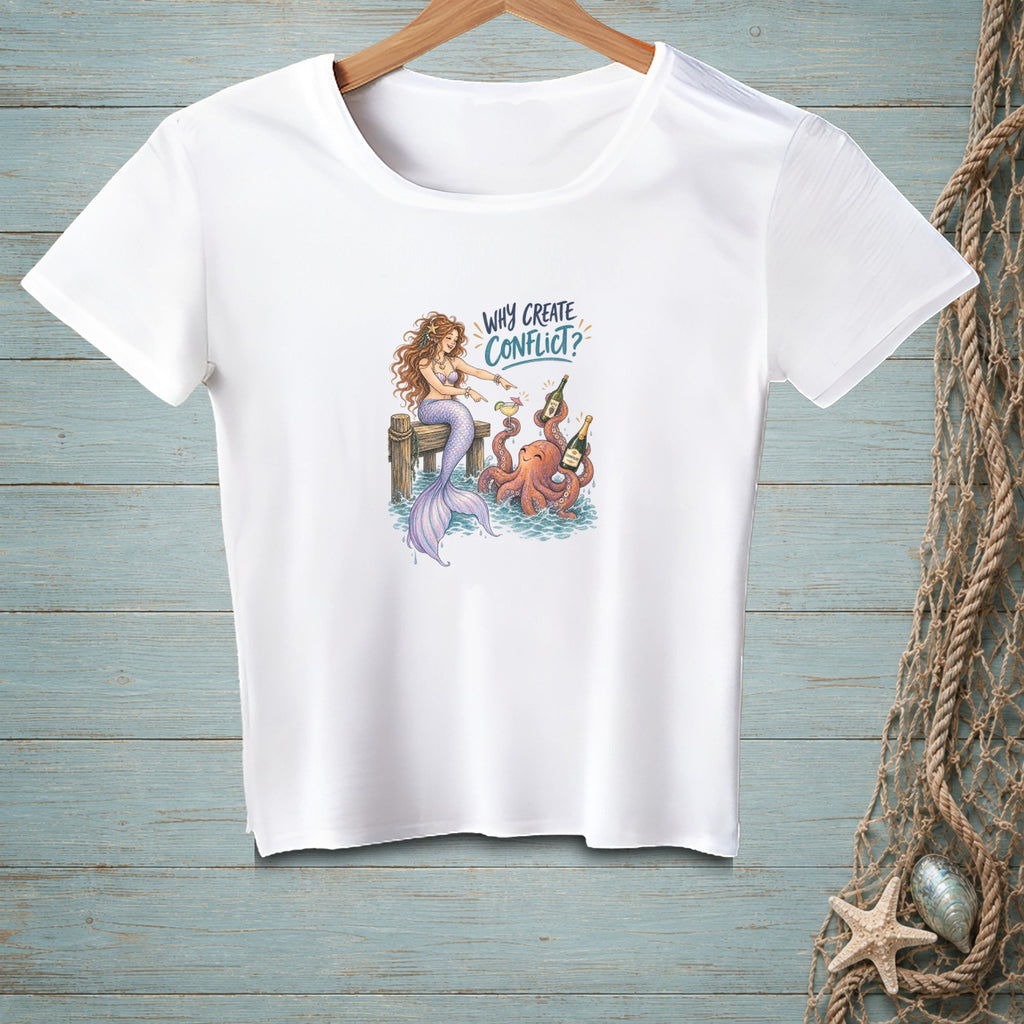 White t-shirt with mermaid and octopus illustration and "Why Create Conflict?" text.