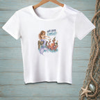 White t-shirt with mermaid and octopus illustration and "Why Create Conflict?" text.