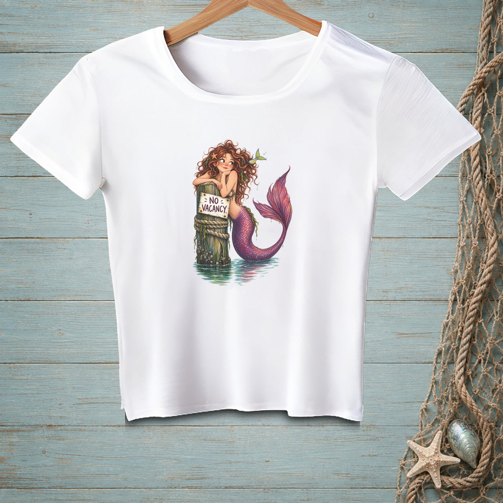 White t-shirt with a mermaid leaning on a post with a "NO VACANCY" sign.