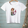 White t-shirt with a mermaid leaning on a post with a "NO VACANCY" sign.