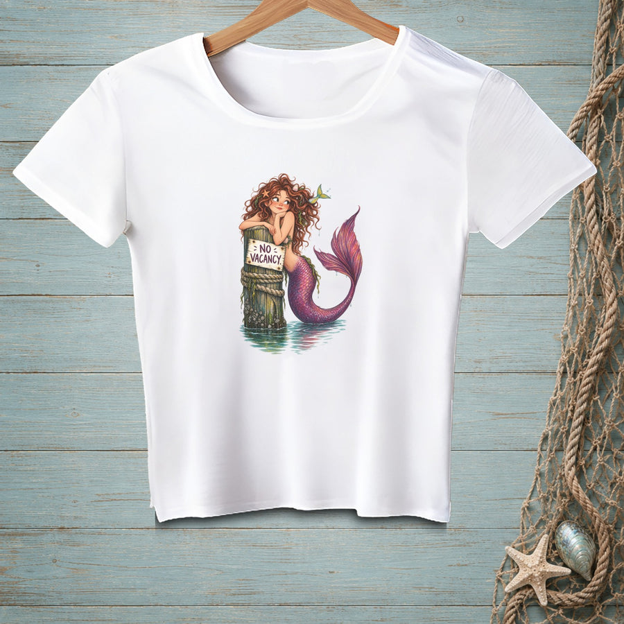 White t-shirt with a mermaid leaning on a post with a "NO VACANCY" sign.