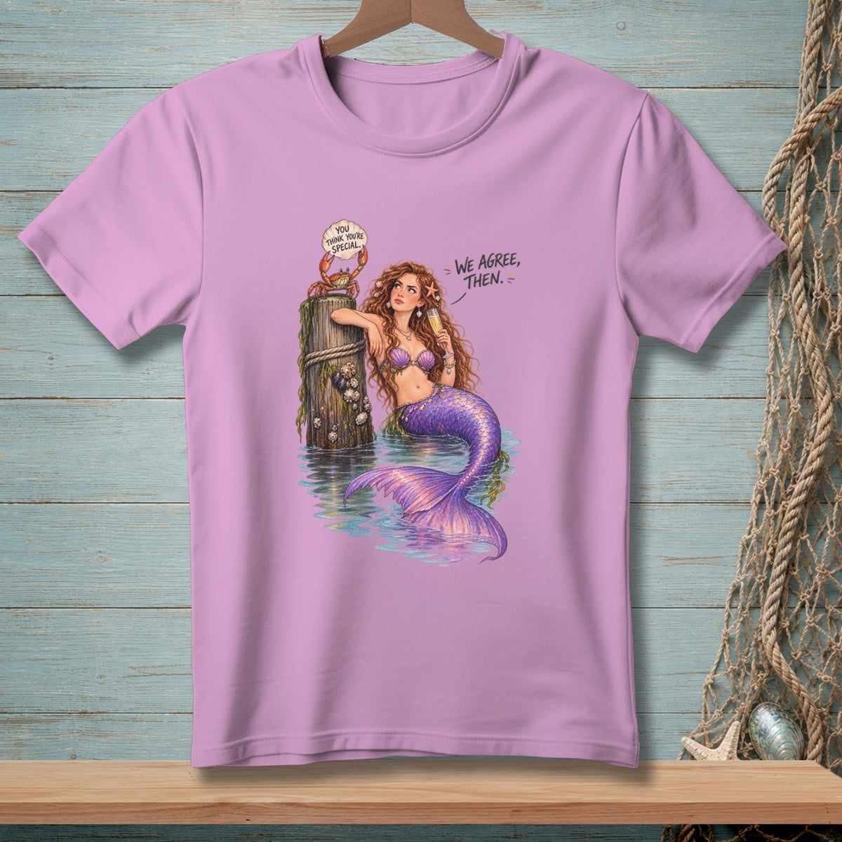 Mermaid on dock post with crab saying "You think you're special," agreeing with her.