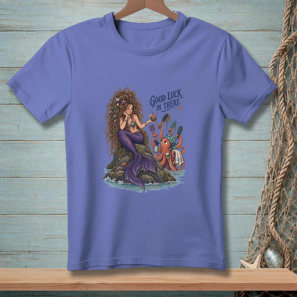 T-shirt with illustration of mermaid and octopus, text "Good Luck IN THERE."
