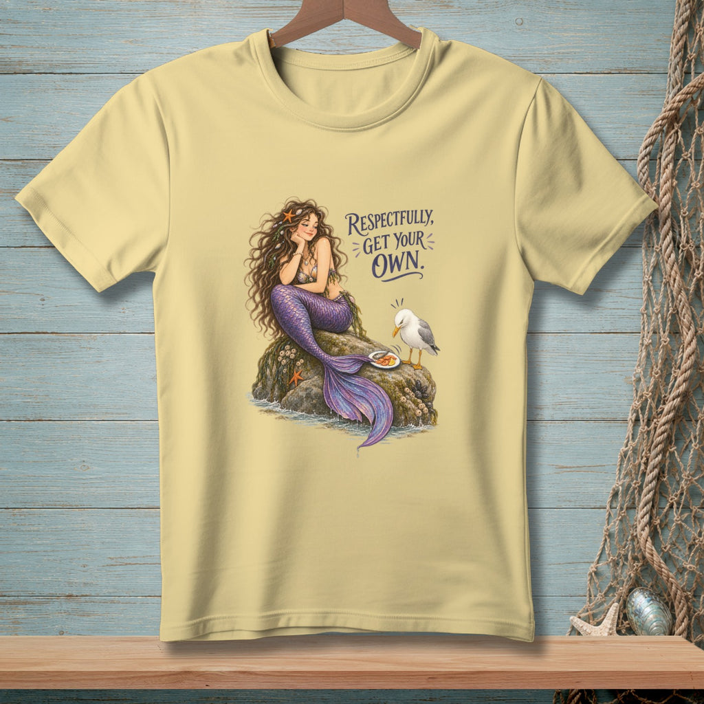 Mermaid with purple tail sits on a rock, text says "Respectfully, get your own."