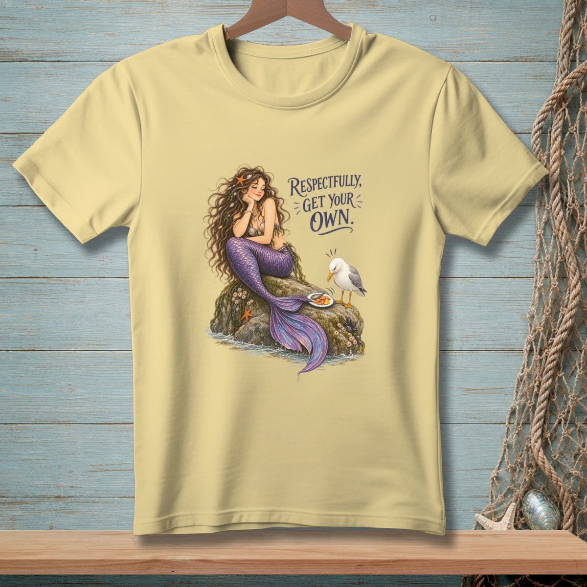 Mermaid with purple tail sits on a rock, text says "Respectfully, get your own."