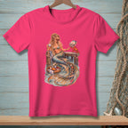 Illustration of a mermaid reading and drinking coffee on a dock with a crab.