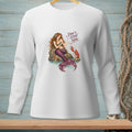 White long-sleeve shirt with a mermaid and lobster graphic, featuring the text "Don't Stop Now."