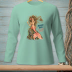 Long sleeve shirt featuring a mermaid graphic with text "Mermaid Hair. Enter at your own risk."