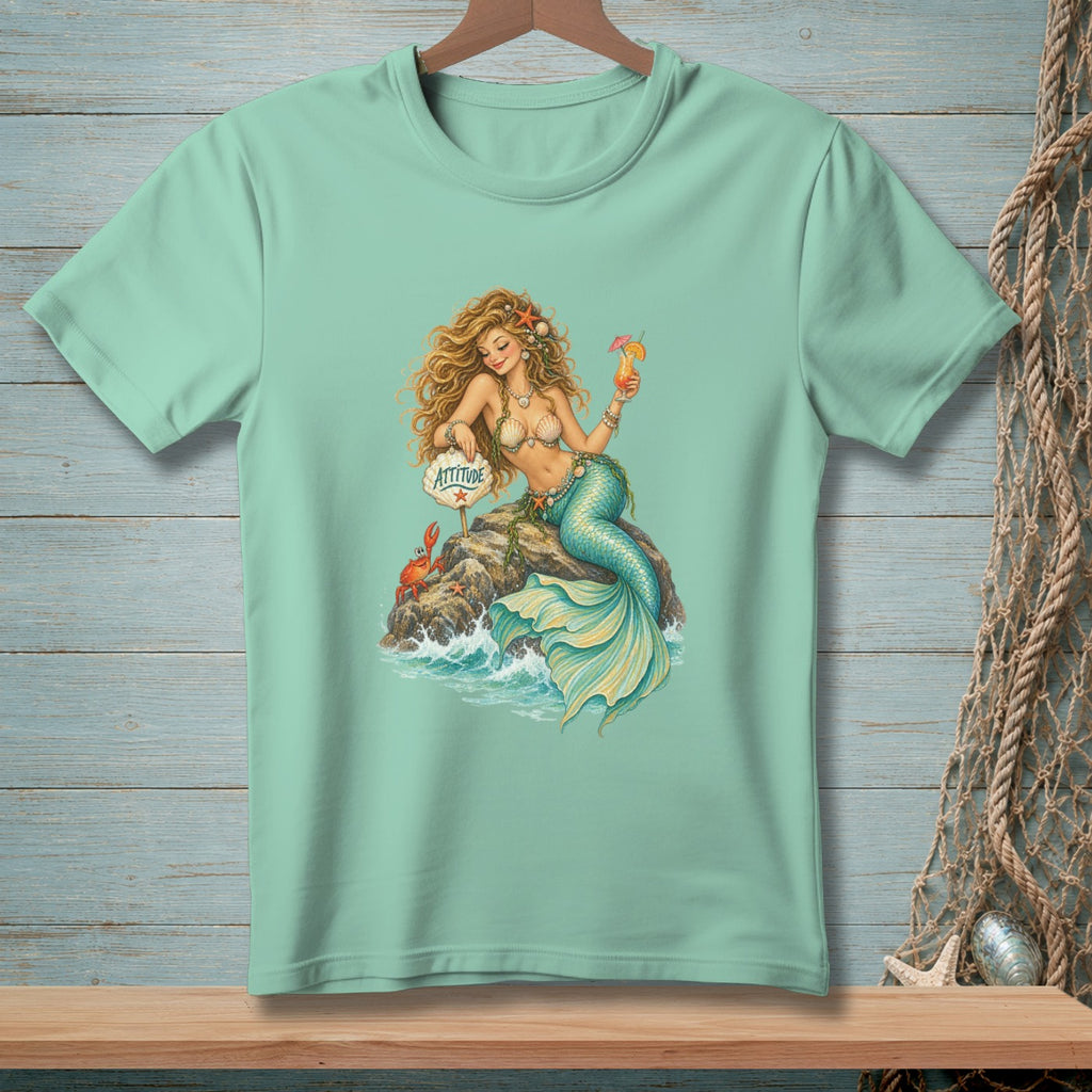 Mint t-shirt with a mermaid holding a drink and a sign saying "ATTITUDE".