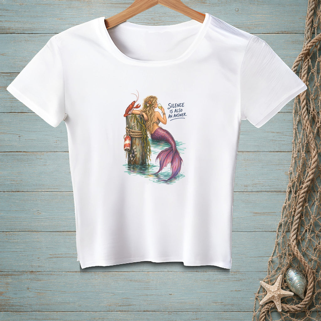 White t-shirt with mermaid graphic and text "Silence Is Also An Answer".