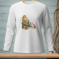 Illustration of a mermaid with a lobster and bottle of wine on a rock by the sea.