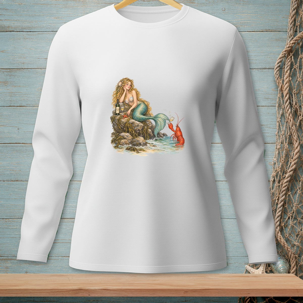 Illustration of a mermaid with a lobster and bottle of wine on a rock by the sea.