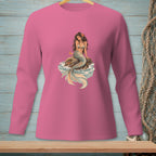 Pink long-sleeve shirt with a detailed mermaid artwork on a rock in water.