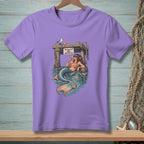 Purple t-shirt with mermaid drinking, seagull, and "Absolutely No Drinking" sign.