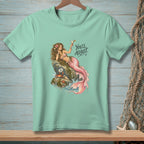 Mint t-shirt with a mermaid holding a martini and text "You'll Adjust."