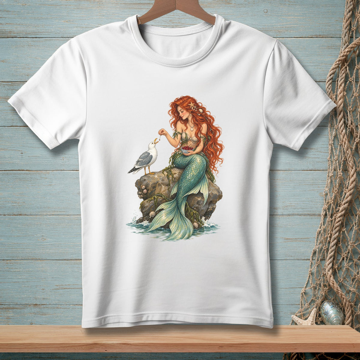 White t-shirt with a red-haired mermaid feeding a seagull on a rock.