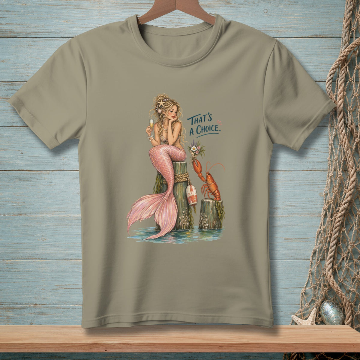 Mermaid holding champagne next to lobster on posts with text "THAT'S A CHOICE."