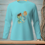Teal long-sleeve shirt featuring an illustration of two mermaids enjoying drinks.