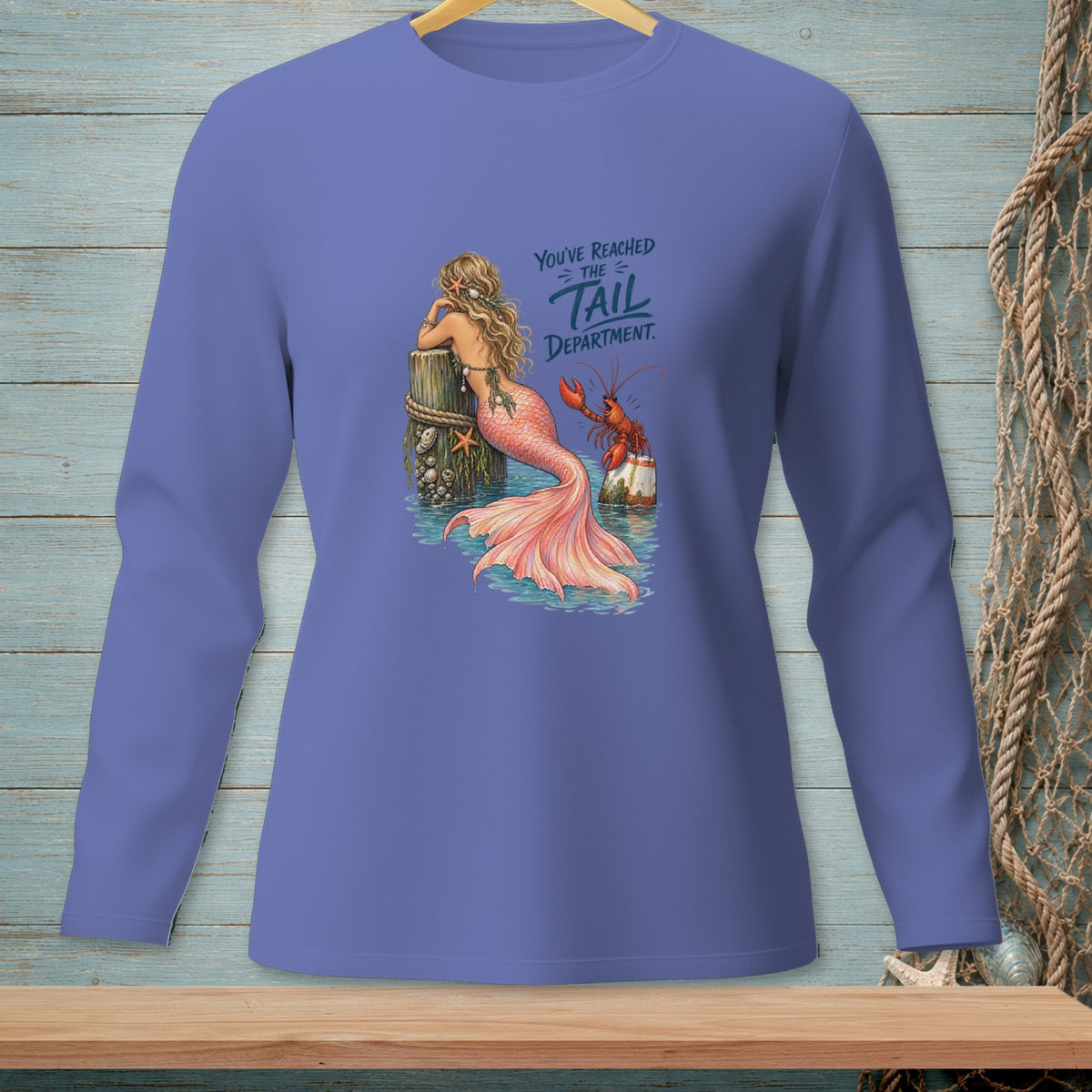 Mermaid leaning on post with lobster and text "You've Reached the Tail Department."