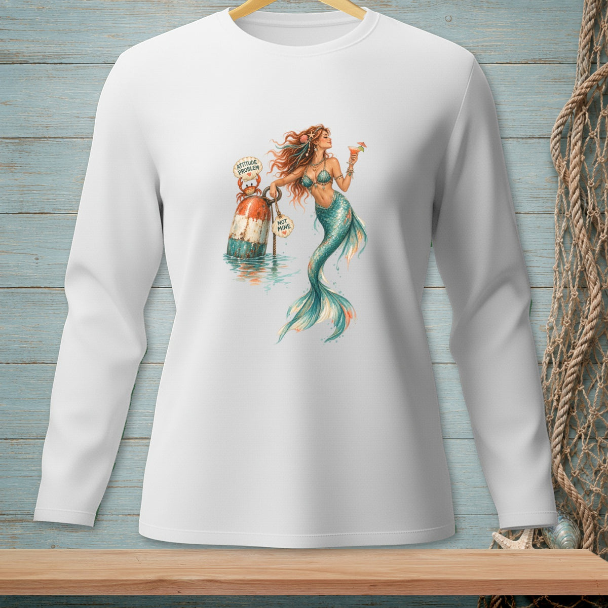 Mermaid with a drink and a buoy reading "ATTITUDE PROBLEM NOT MINE".