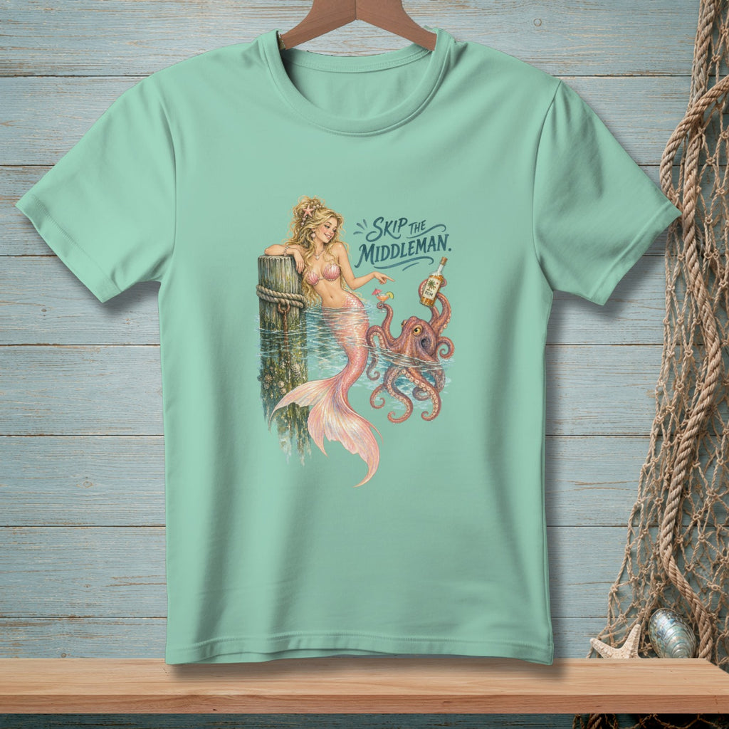 Mermaid with octopus and rum bottle, with text "Skip the Middleman".