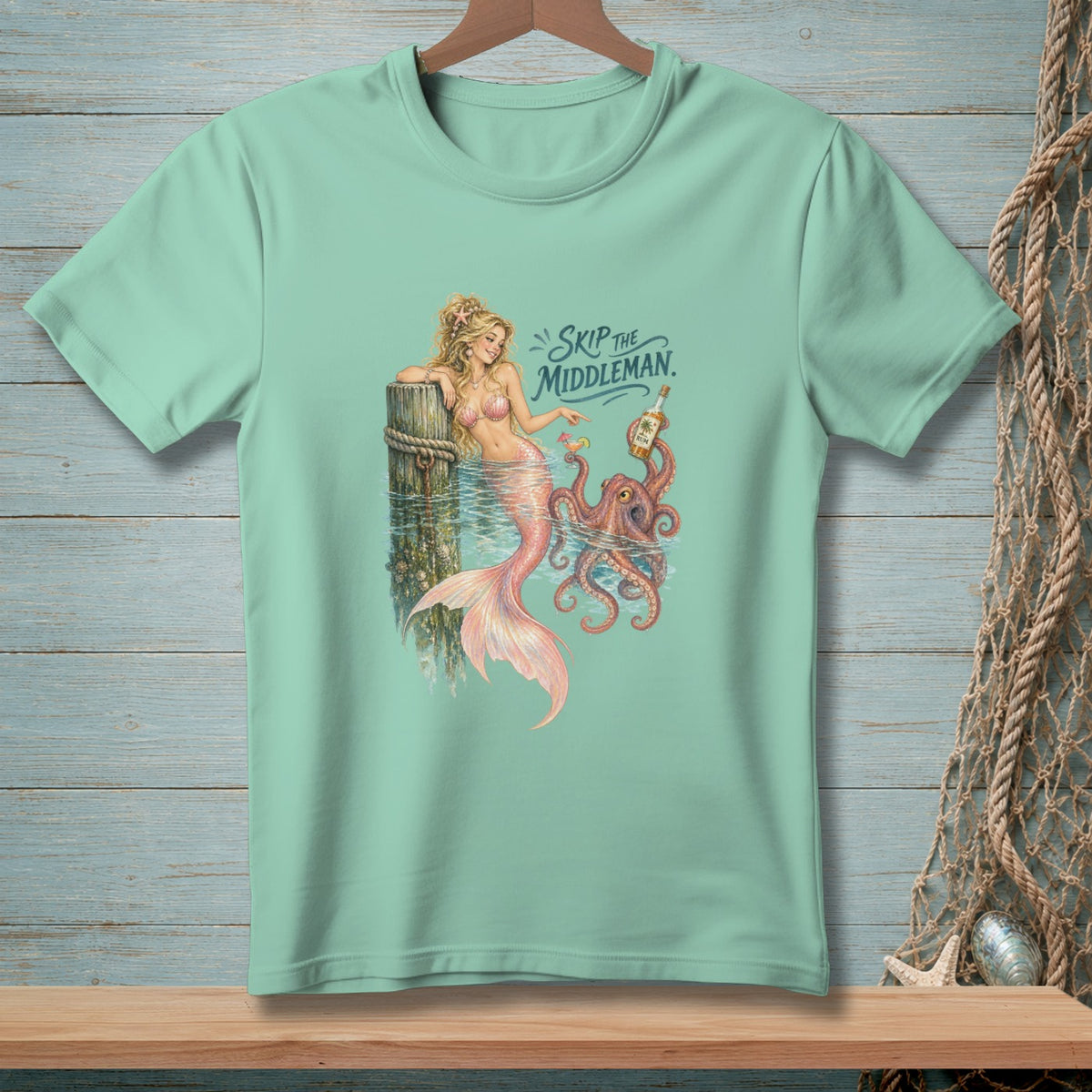 Mermaid with octopus and rum bottle, with text "Skip the Middleman".
