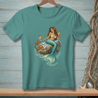 Mermaid with crab and cocktail sits on rock with starfish and draped towel.
