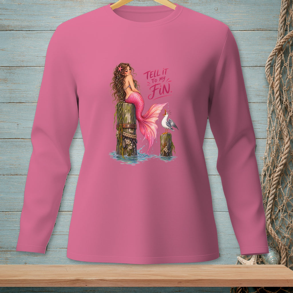 Pink long-sleeve shirt with a mermaid graphic and "Tell it to my Fin" text.
