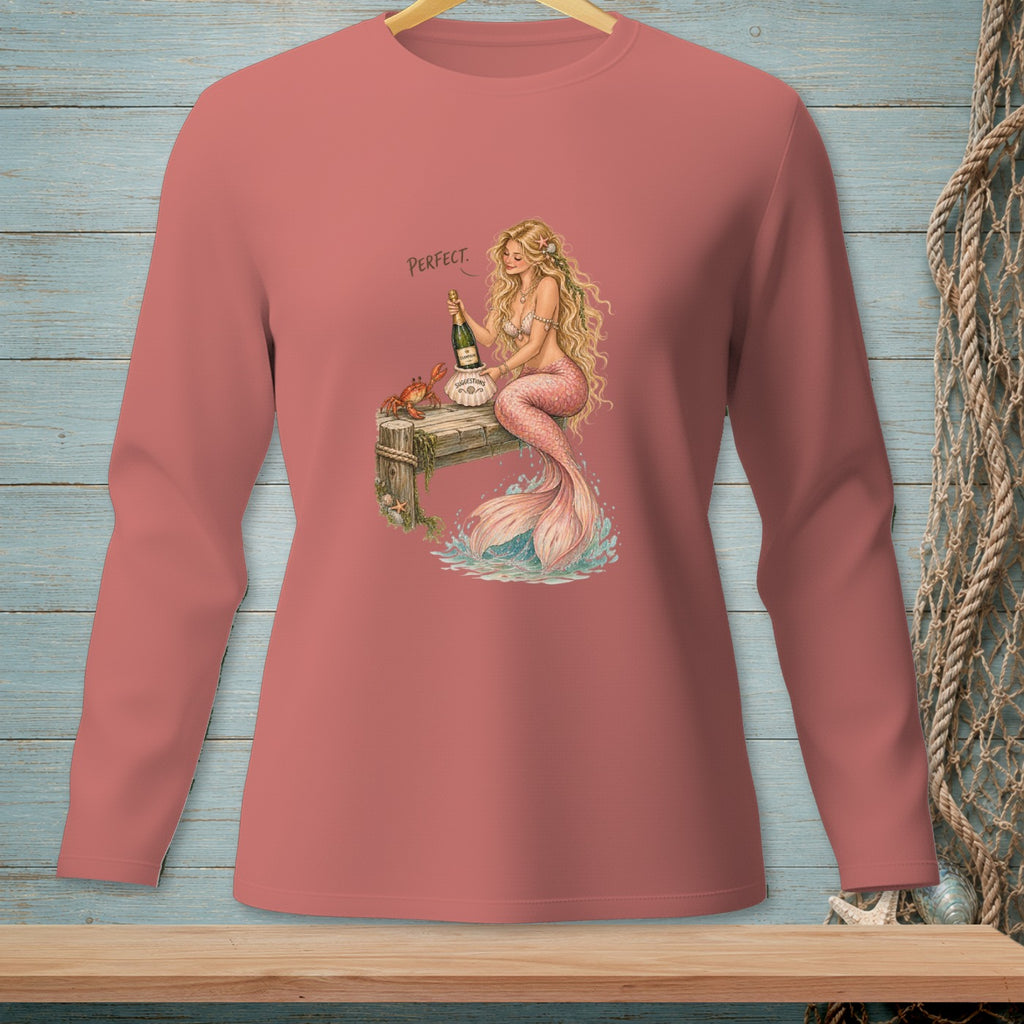 Mermaid on a dock with champagne and a crab, text says "PERFECT."