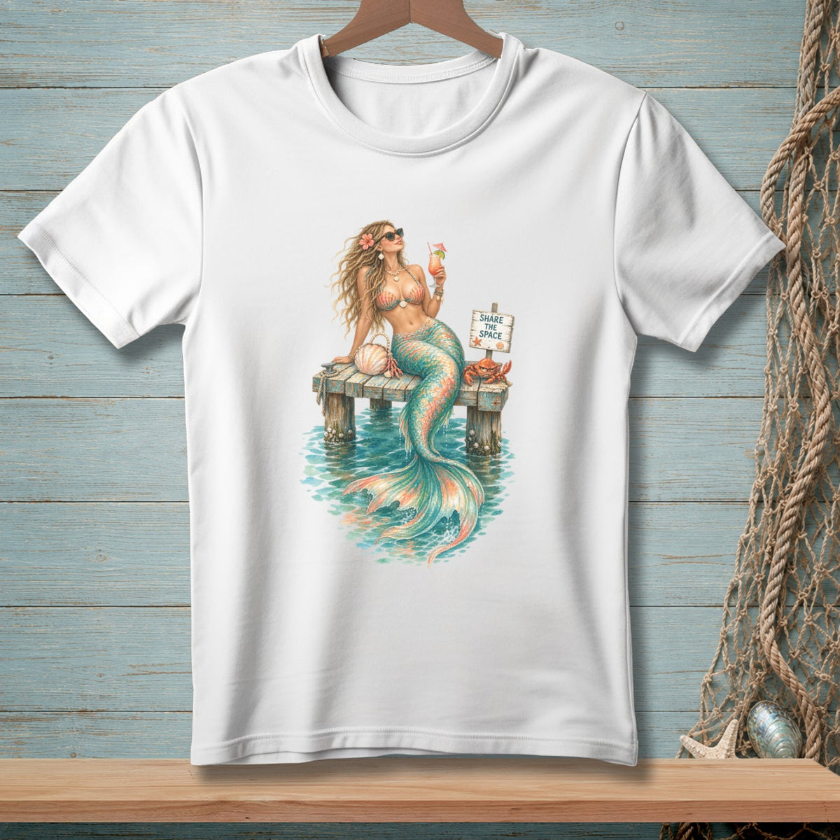 Mermaid with cocktail on dock, crab, and "Share the Space" sign.