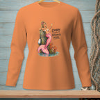 Orange long-sleeve shirt with a mermaid and crab graphic reading "Crabby isn't a personality, Kevin."