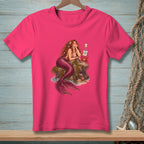 Pink t-shirt graphic of a mermaid with a glass of wine and a sign saying "Not Accepting Feedback".