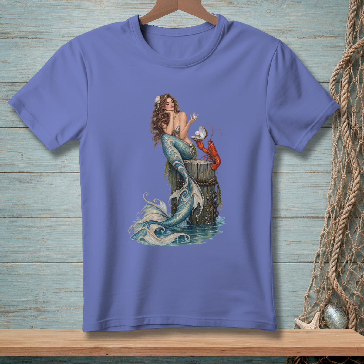 Illustration of a mermaid sitting on a wooden post with a lobster and pearl.
