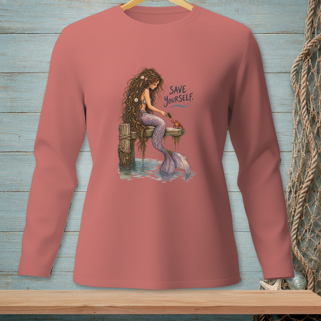 Mermaid with a crab on a dock with the words "SAVE YOURSELF."
