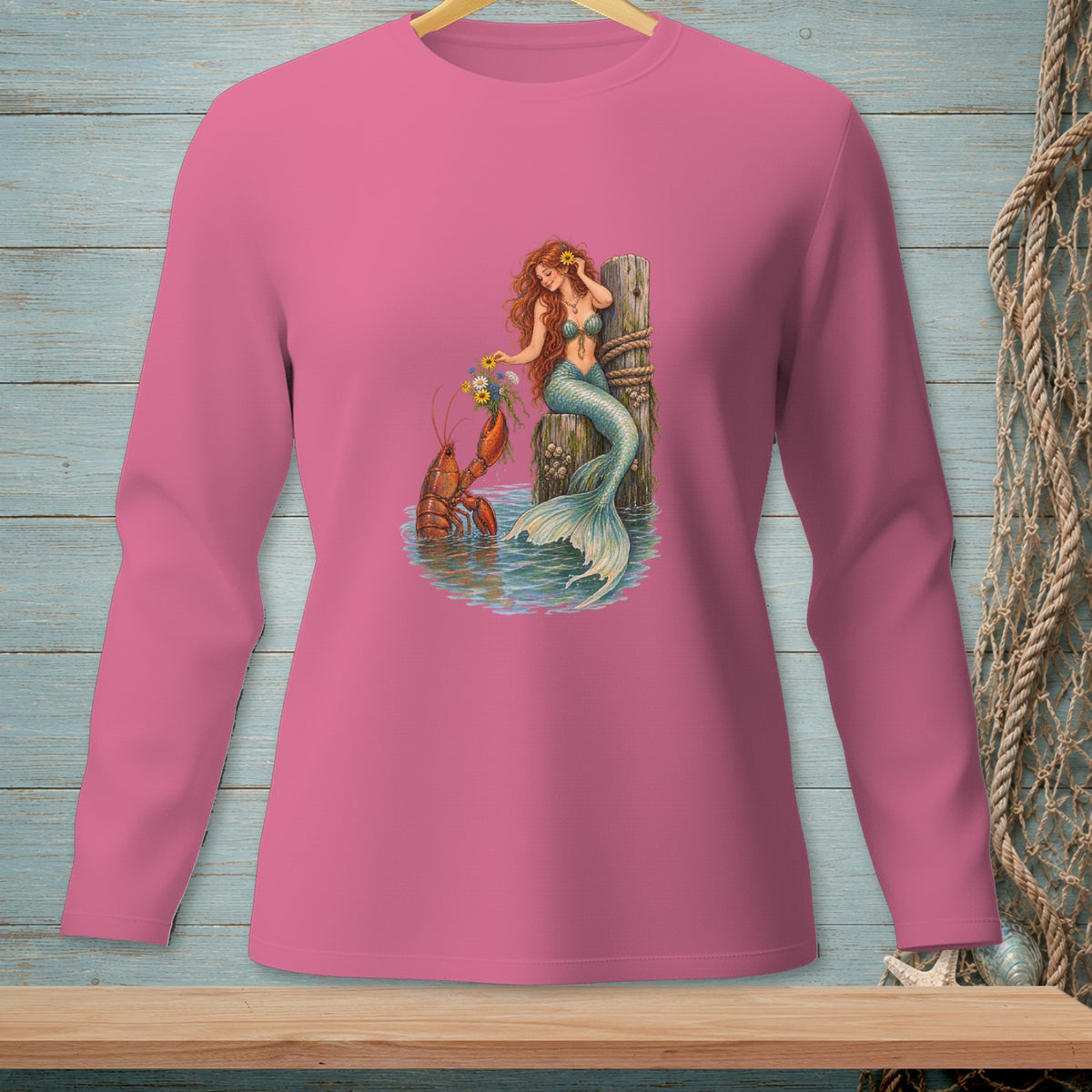 Mermaid and lobster with flowers by a wooden post in water.